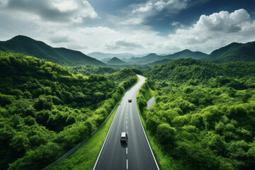 Wall Mural - Aerial view green forest and asphalt road.