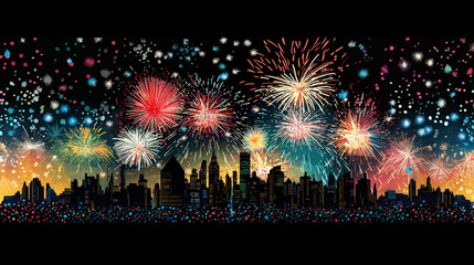 City holiday celebration panorama with bright festive firework show. Night sky of megapolis with sparkling bursting and exploding firecrackers