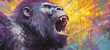 a colorful painting of a gorilla, colorful explosions, dark purple and dark gray.generative ai