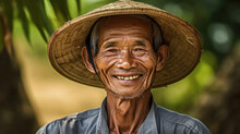 Old Man With An Asian Conical Hat Outdoors Portrait, Vietnam.