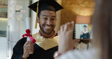 Poster - Graduation, camera and excited with a man student in his home, posing for an education ceremony event photograph. Smile, proud and a happy young male university or college graduate taking a picture