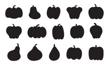 Big Set Of Various Black Pumpkin Silhouettes On White Background For Halloween, Icons, Harvest, Stickers, Posters, Wallpapers, Elements