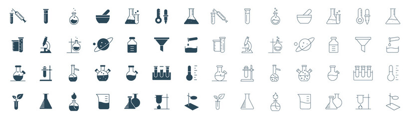 science laboratory equipment icon set. pharmacy lab glassware, beakers, test tube, glass, and flask 