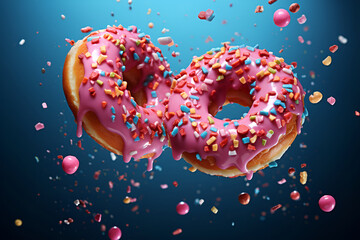 Wall Mural - Levitation of donuts with pink fruit glaze on a blue background
