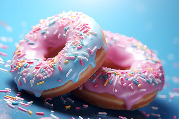 Wall Mural - Donuts with pink fruit glaze on a blue background 2