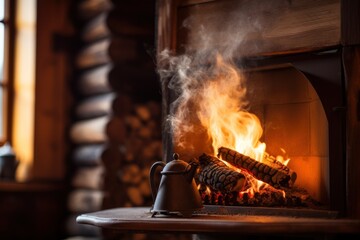 Poster - A kettle sitting in front of a fire. This image can be used to depict coziness and warmth.