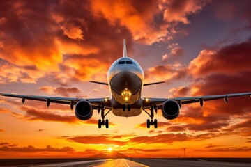 Poster - A large jetliner gracefully glides through the sky as the sun sets in the background. This captivating image can be used to depict travel, aviation, or the beauty of nature during golden hour.