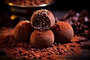 A pile of chocolate truffles sitting on top of a table. This image can be used to showcase delicious desserts or as a mouthwatering treat for food-related content.