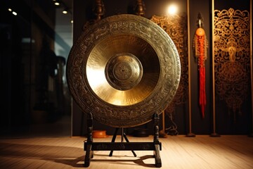 Poster - A gong on a stand in a room. Suitable for interior design and meditation-related themes.