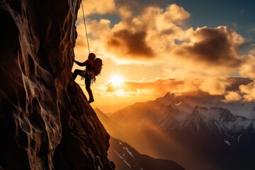 Wall Mural - A man is seen climbing up the side of a mountain during a breathtaking sunset. This image captures the determination and beauty of conquering challenges. Perfect for adventure, motivation, and outdoor