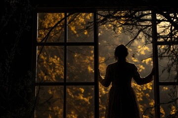 Poster - A woman wearing a dress standing by a window, looking outside. Suitable for lifestyle, fashion, and home decor themes.
