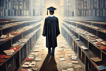 Poster - A painting of a graduate confidently walking through a library. Perfect for educational and graduation-themed projects.