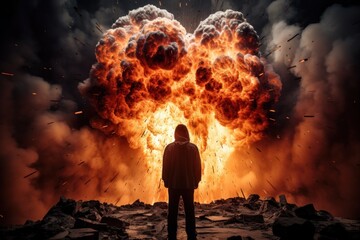 Poster - A powerful image capturing a man standing courageously in front of a massive explosion. Perfect for illustrating bravery, danger, and the triumph of the human spirit. Ideal for use in action-packed sc