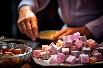 Poster - A close up view of a person adding sugar to a pile of food. This image can be used to illustrate the concept of sweetening food or adding sugar as a condiment.
