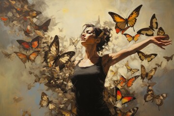 Wall Mural - A beautiful painting of a woman surrounded by a colorful swarm of butterflies. This artwork captures the serene beauty and harmony between humans and nature. Perfect for adding a touch of elegance and