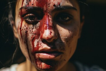 Poster - A close-up image of a person with blood on their face. This image can be used to depict horror, injury, violence, or Halloween-themed concepts.
