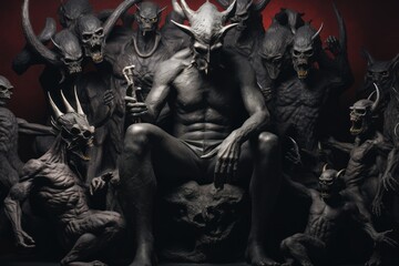 Poster - A statue of a man sitting on a throne with menacing demonic creatures surrounding him. This image can be used to depict power, authority, or darkness in various creative projects or designs.