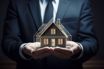 Poster - A man in a suit is holding a model of a house. This image can be used to represent real estate, housing market, property investment, or construction industry.
