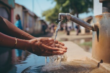 Poster - A person is shown washing their hands with water from a faucet. This image can be used to promote hygiene and cleanliness.
