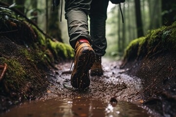 Poster - A person is seen walking on a muddy path in the woods. This image can be used to depict nature walks, hiking, outdoor adventures, or exploring the wilderness.