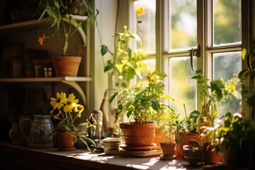 Wall Mural - A window sill filled with an abundance of potted plants. Perfect for adding a touch of greenery and natural beauty to any space.