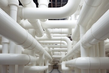 Aufkleber - A room filled with numerous white pipes. This image can be used to depict industrial settings, plumbing installations, or architectural designs.