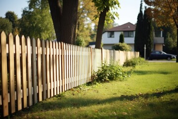 Poster - A picture of a white picketed fence in front of a house. This image can be used to depict a peaceful suburban neighborhood or to symbolize the concept of home and security.