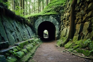 Poster - A picture of a tunnel surrounded by a vibrant and lush green forest. This image can be used to depict a serene and peaceful natural environment.