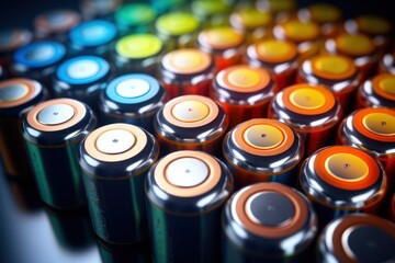 Poster - A close-up view of various colored batteries. This image can be used to illustrate the concept of energy, power, or technology.