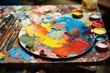 Poster - A close-up view of a paint palette placed on a table. This image can be used for art and craft projects or in art-related articles.