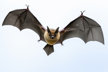 Poster - A bat flying through the air with its wings spread. This image can be used to depict nocturnal creatures, Halloween themes, or wildlife in motion.