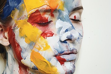 Wall Mural - A close-up photograph capturing the face of a person with colorful paint. This image can be used for various purposes, such as artistic projects, makeup tutorials, or Halloween-themed designs.