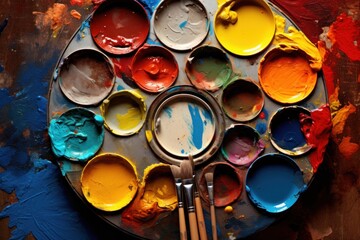 Poster - A picture of a paint palette with brushes on a table. This image can be used for art and creativity themes.