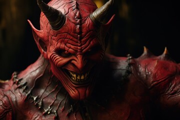Poster - A close-up view of a menacing red demon with sharp horns. This image can be used to depict evil, Halloween, horror, or fantasy themes.
