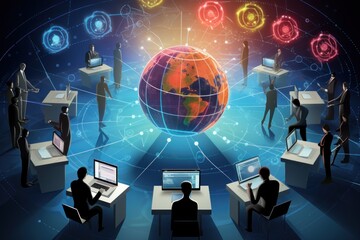 Canvas Print - A group of people sitting at desks with a globe in front of them. This picture can be used to represent teamwork, global collaboration, or education.