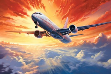 Poster - An airplane flying through the vibrant sunset sky. Perfect for travel, aviation, and adventure themes.