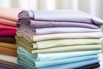 Poster - A stack of neatly folded sheets placed on top of a table. This image can be used to depict cleanliness, organization, or household chores. Perfect for advertisements, blogs, or articles related to hom