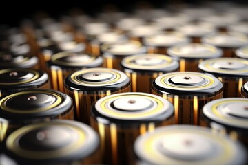 Poster - A close-up view of a bunch of batteries. This image can be used to depict power, energy, technology, or as a metaphor for sustainability and environmental issues.