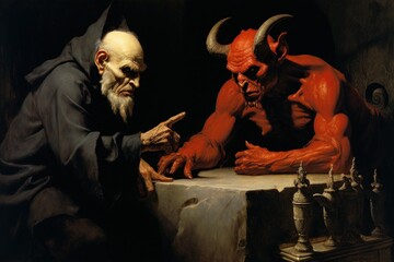 Poster - A painting depicting a man and a demon seated together at a table. This artwork captures the contrast between good and evil, and the complex relationship between humans and supernatural beings. Ideal 