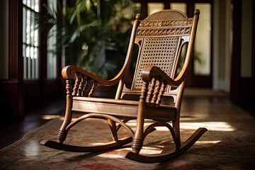 Poster - A wooden rocking chair sitting on top of a rug. Perfect for adding a cozy touch to any room.