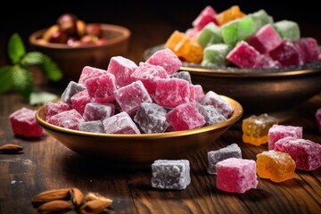 Poster - A bowl filled with an assortment of vibrant and colorful sugars. Perfect for adding a pop of color to your baking or confectionery creations.
