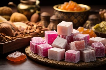 Poster - A pile of pink and white cubes sitting on top of a plate. This image can be used for various purposes, such as illustrating creativity, design, or even a playful dessert concept.