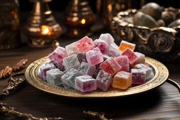Poster - A plate filled with assorted candies placed on top of a wooden table. This image can be used to showcase a variety of sweets or to add a touch of sweetness to any project.