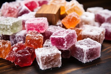 Poster - A pile of sugar cubes sitting on top of a wooden table. Can be used to depict concepts of sweetness, cooking, or food preparation.