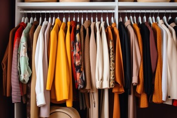 Poster - A closet filled with a variety of clothes and a stylish hat. This image can be used to showcase a well-stocked wardrobe or to represent fashion and style.