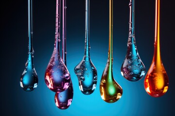 Poster - A captivating image featuring a group of different colored liquid drops hanging from strings. This versatile picture can be used to enhance various projects and designs.