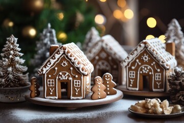Poster - A group of gingerbread houses sitting on top of a table. Perfect for holiday decorations or baking themes.