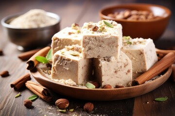 Poster - A wooden plate with pieces of tofu arranged on top. This image can be used to showcase healthy plant-based recipes or as a background for food-related content.
