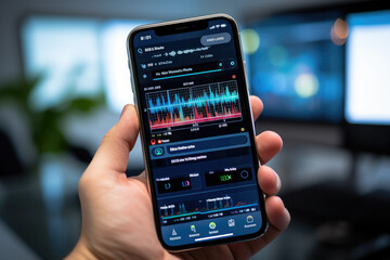 Canvas Print - A close-up of a person's hand using a smartphone app to monitor their vital signs and health data. Generative Ai.