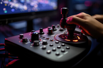 Poster - A close-up of a person's hand using a precision gaming joystick for flight simulation games. Generative Ai.